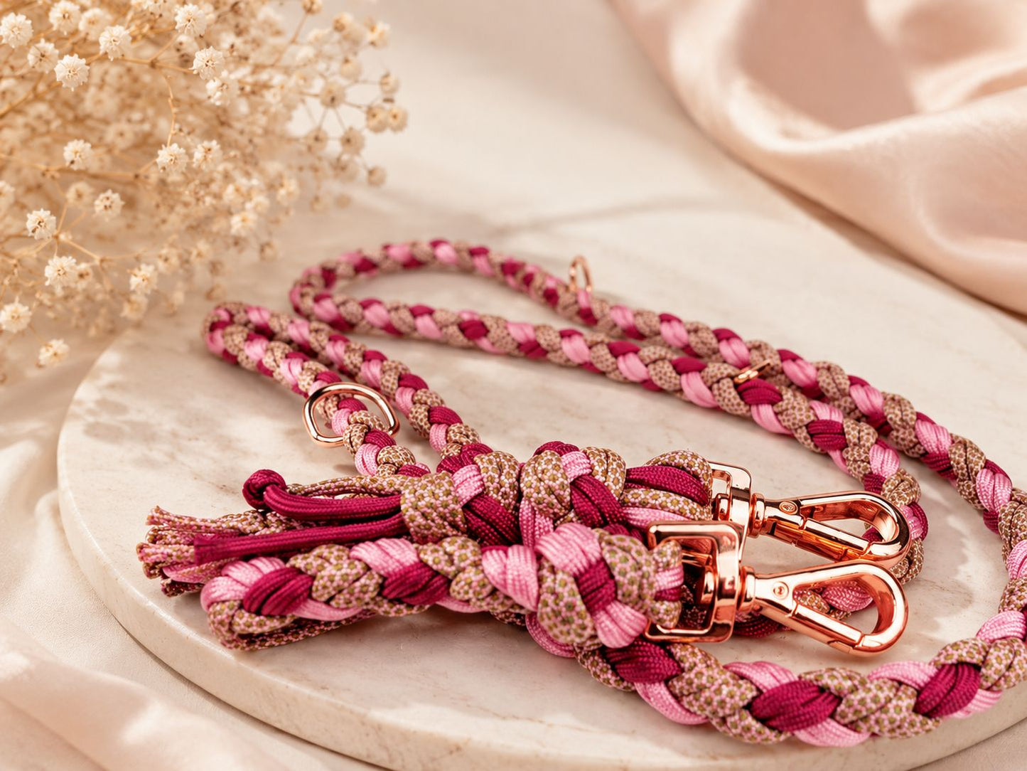 Handmade Adjustable Paracord Dog Leash – Rose/Blue Gold Hardware | 2m