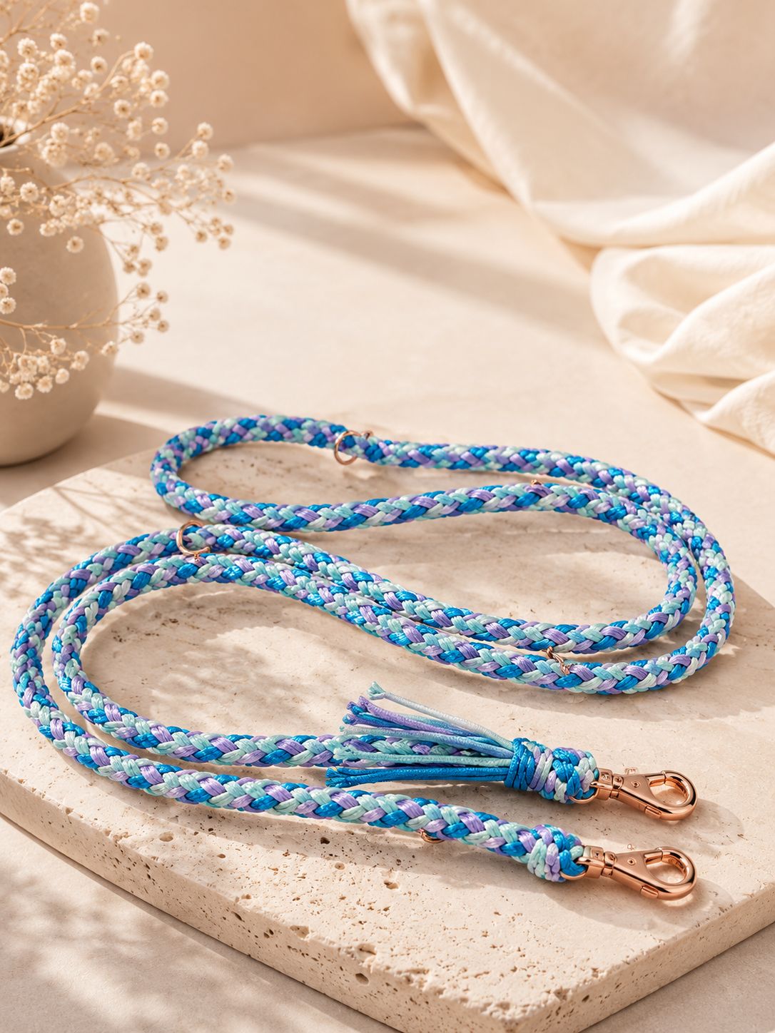 Handmade Adjustable Paracord Dog Leash – Rose/Blue Gold Hardware | 2m